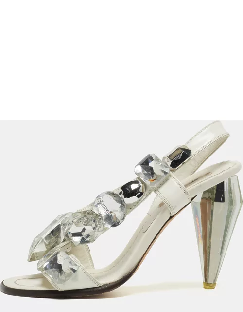 Marc by Marc Jacobs White Leather Crystal Embellished Slingback Sandal