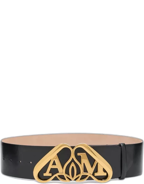 Leather Belt with Gold Logo Detai