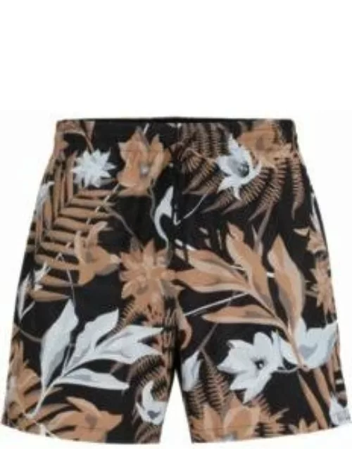 Tropical-print quick-drying swim shorts with logo badge- Beige Men's Swim Short