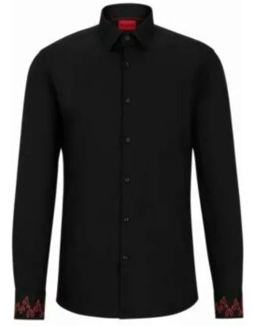 Slim-fit shirt in stretch cotton with embroidered cuffs- Black Men's Shirt
