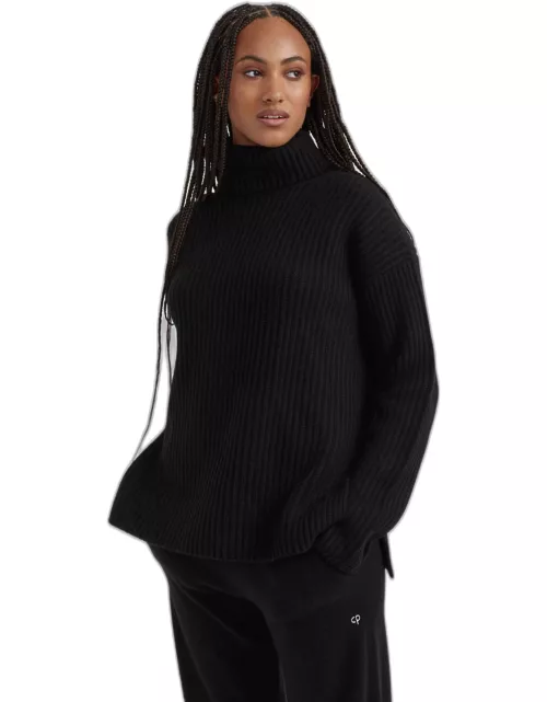 Black Rib-Knit Cashmere Rollneck Sweater