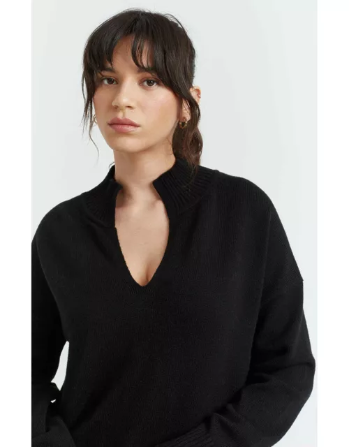 Black Cashmere V-Neck Funnel Sweater