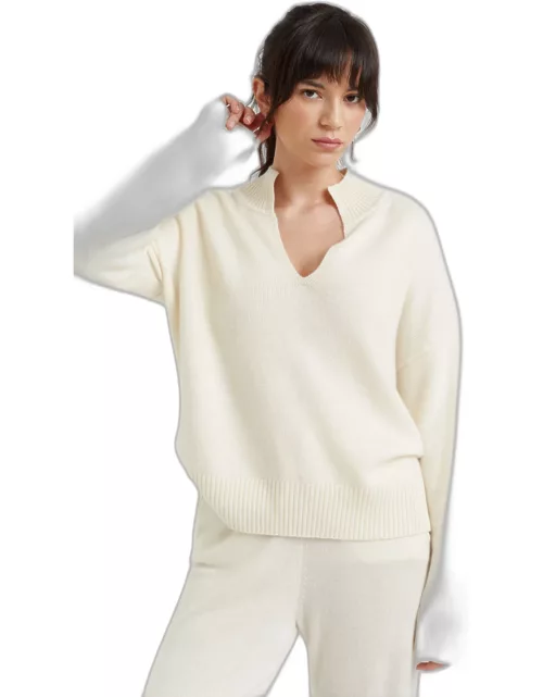 Cream Cashmere V-Neck Funnel Sweater