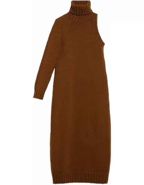 Brown wool and cashmere one-shoulder dres