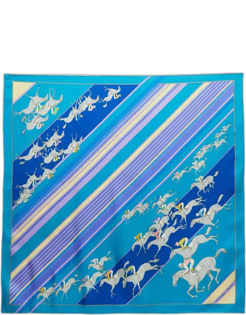 Hermès Blue Striped Equestrian Printed Silk Square Scarf