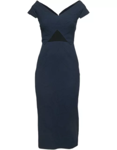 Roland Mouret Navy Blue Jacquard V-Neck Midi Dress