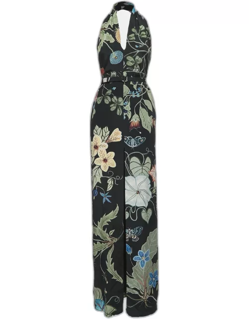 Gucci Black Floral Print Silk Halter Neck Slit Detail Maxi Dress