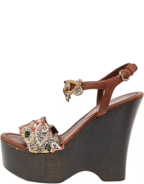 Miu Miu Brown Leather and Embroidered Fabric Wedge Platform Ankle Strap Sandal