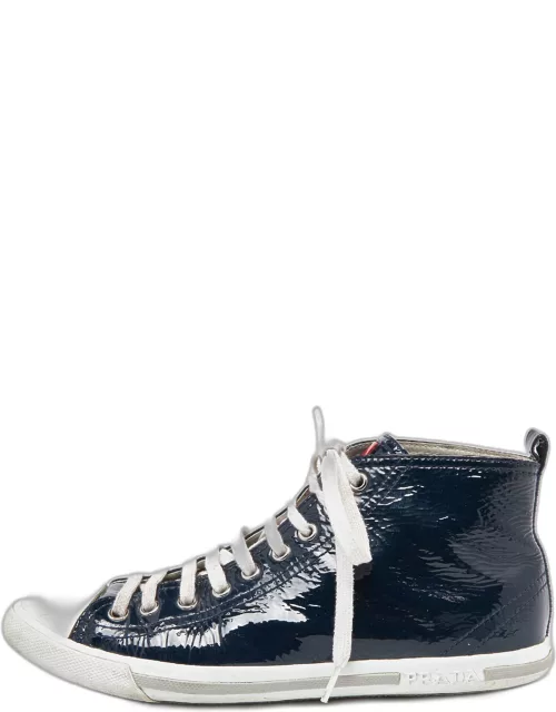 Prada Sport Navy Blue/White Patent Leather and Rubber High Top Sneaker