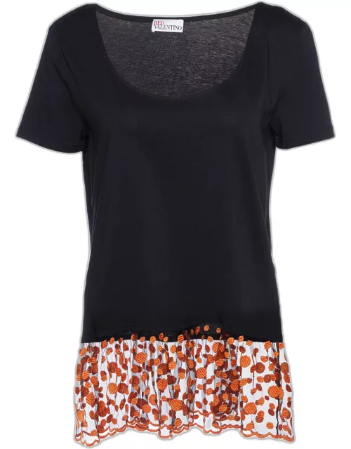 RED Valentino Black Cotton Knit & Embroidered Tulle Hem Top