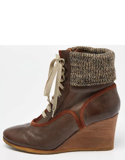 Chloe Brown Leather and Knit Fabric Wedge Ankle Boot