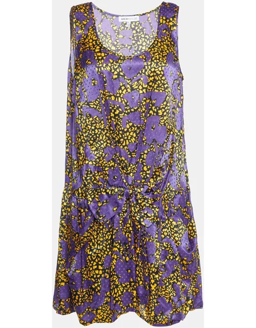 See by Chloe Purple Printed Cotton & Silk Bow Detail Mini Dress