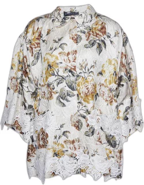 Dolce & Gabbana Light Cream Floral Printed Silk Jacquard Button Front Jacket