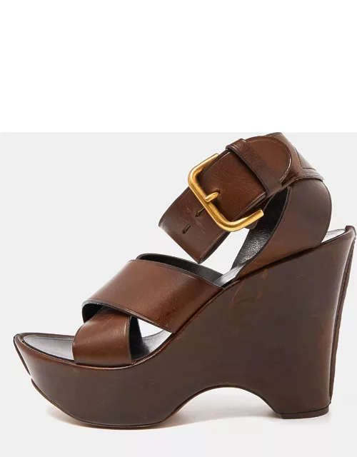 Yves Saint Laurent Brown Leather Wedge Platform Ankle Strap Sandal