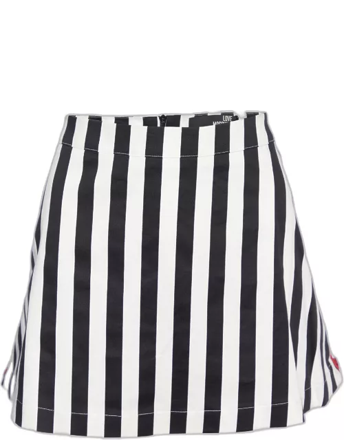 Love Moschino Black & White Striped Cotton Contrast Zip Detail Mini Skirt