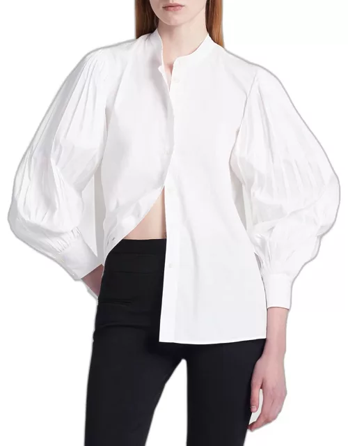 Patsy Pleated Blouson-Sleeve Collared Top