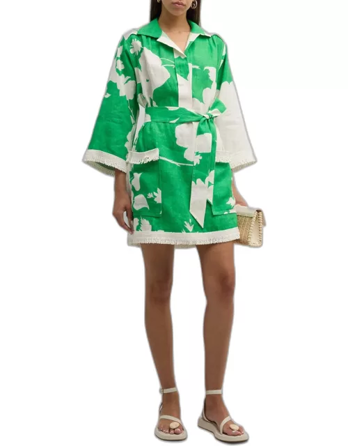 Belted Floral-Print Fringe-Trim Mini Dres