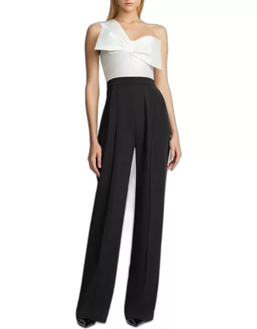 One-Shoulder Two-Tone Bow-Front Jumpsuit