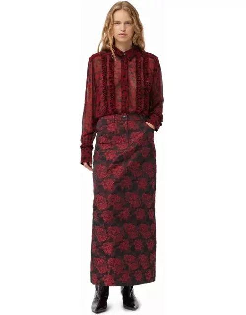 GANNI Red Botanical Jacquard Long Skirt in High Risk Red