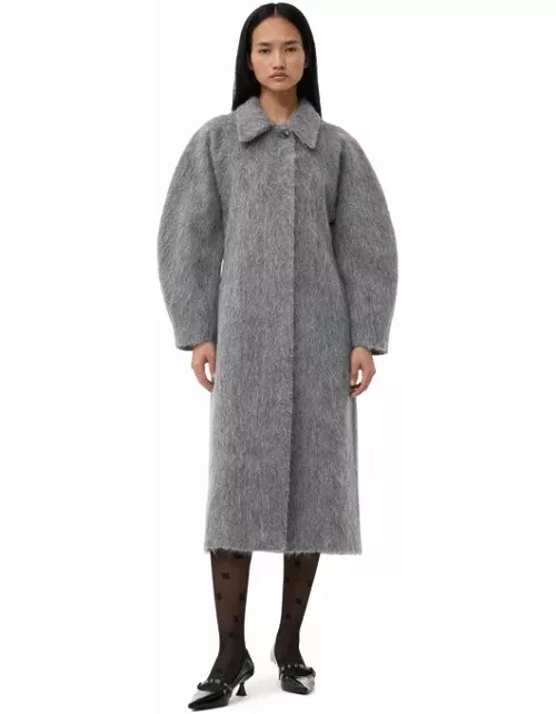 GANNI Grey Fluffy Wool Curved Sleeves Coat in Frost Grey