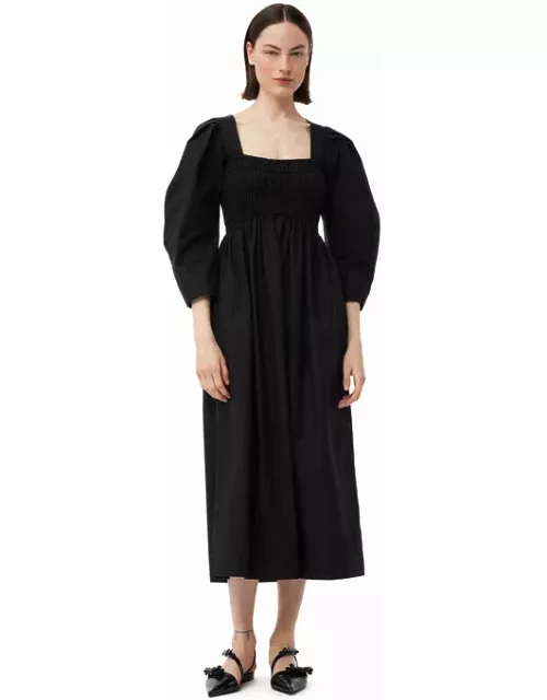 GANNI CottonPoplin Open-neck Smock Long Dress in Black