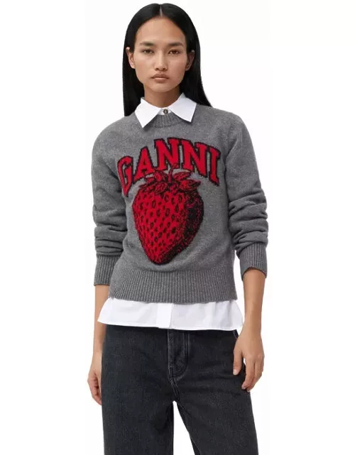 GANNI Graphic Strawberry O-neck Pullover in Frost Grey