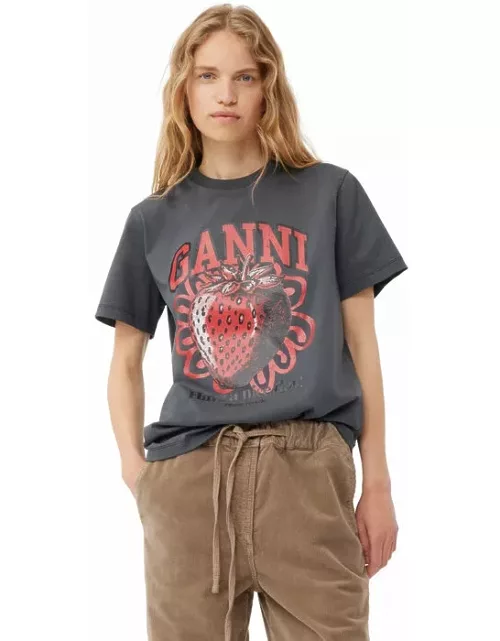 GANNI Grey Relaxed Strawberry T-shirt in Volcanic Ash