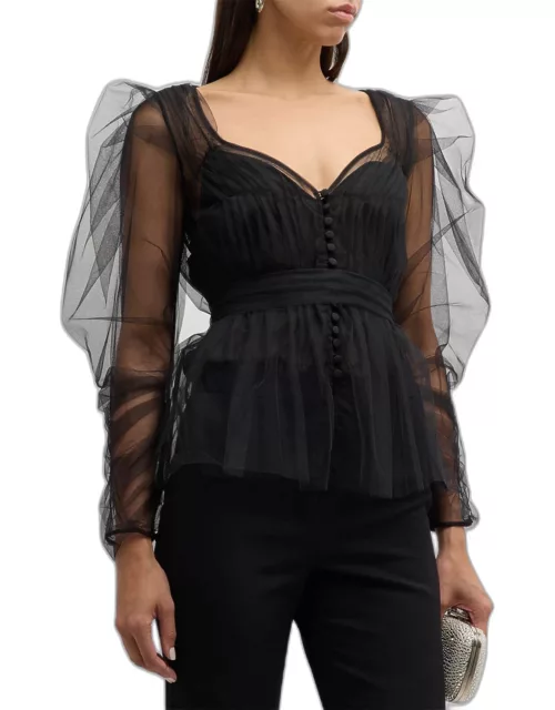 Puff Long-Sleeve V-Neck Button-Front Tulle Top