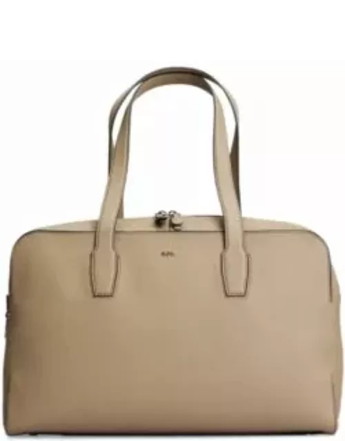 Zipped holdall in grained leather with logo lettering- Light Beige Men's Business Bag