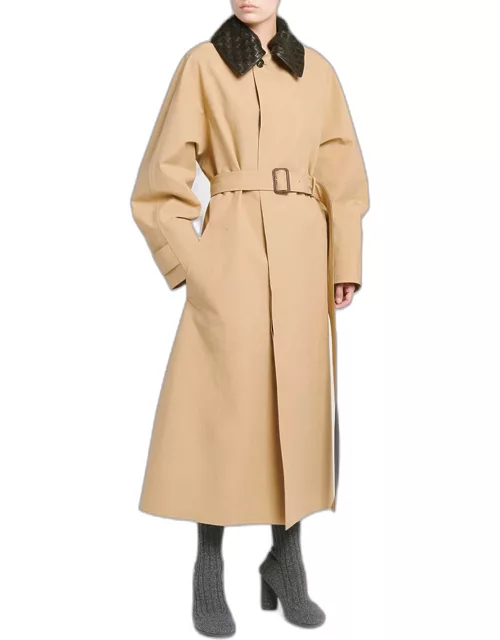 Waterproof Cotton Belted Trench Coat with Leather Collar