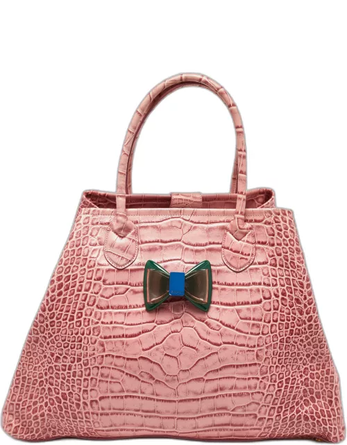 Moschino Pink Croc Embossed Leather Bow Flap Bag
