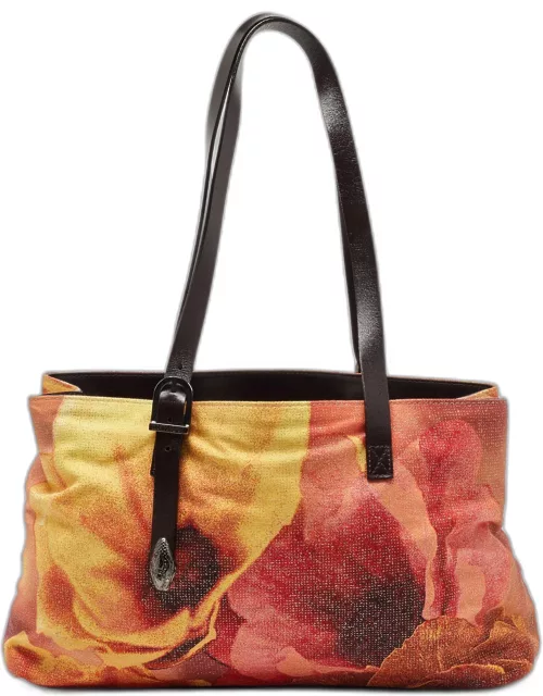 Roberto Cavalli Multicolor Floral Print Shimmer Fabric and Leather Tote