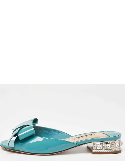 Miu Miu Green Patent Leather Bow Crystal Embellished Heel Slide Sandal