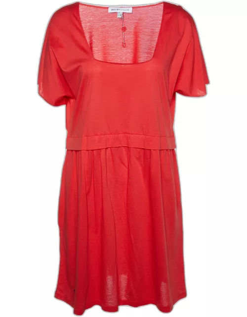 See by Chloé Coral Red Cotton Knit Mini Dress
