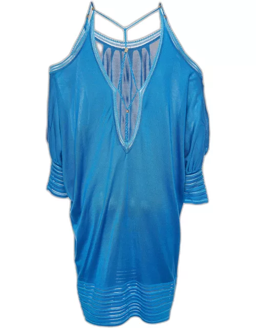 Roberto Cavalli Blue Silk Knit Off Shoulder Mini Dress