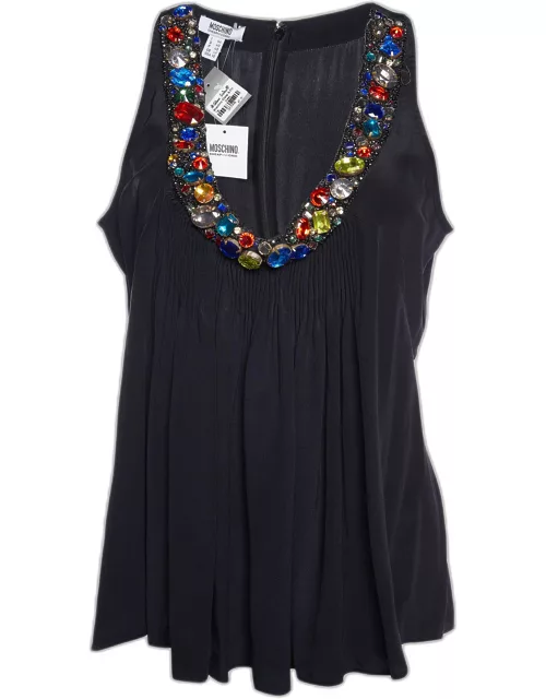Moschino Cheap and Chic Black Silk Embellished Neck Sleeveless Top