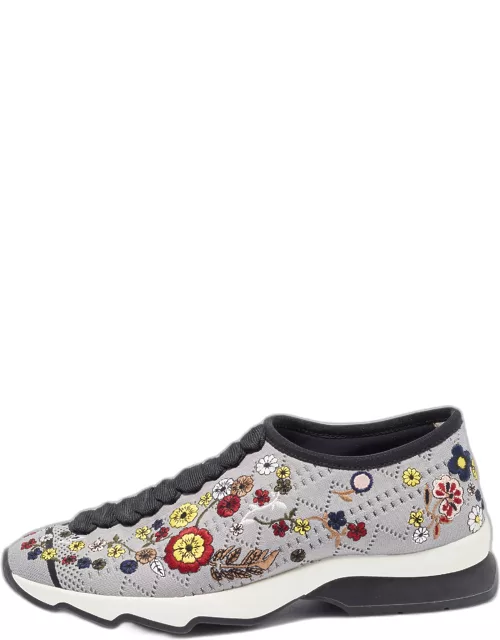 Fendi Grey Floral Embroidered Knit Fabric Slip On Sneaker