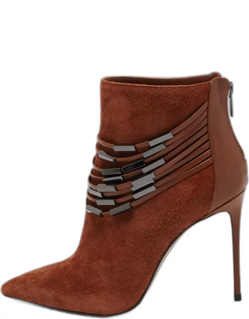 Le Silla Brown Suede Leather Embellished Pointed Ankle Bootie