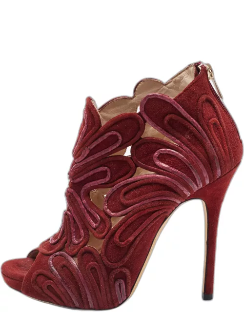 Jimmy Choo Burgundy Suede Cut Out Open Toe Ankle Bootie