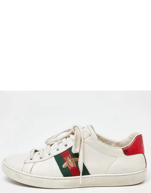 Gucci White Leather Web Detail Bee Embroidered Ace Low Top Sneaker