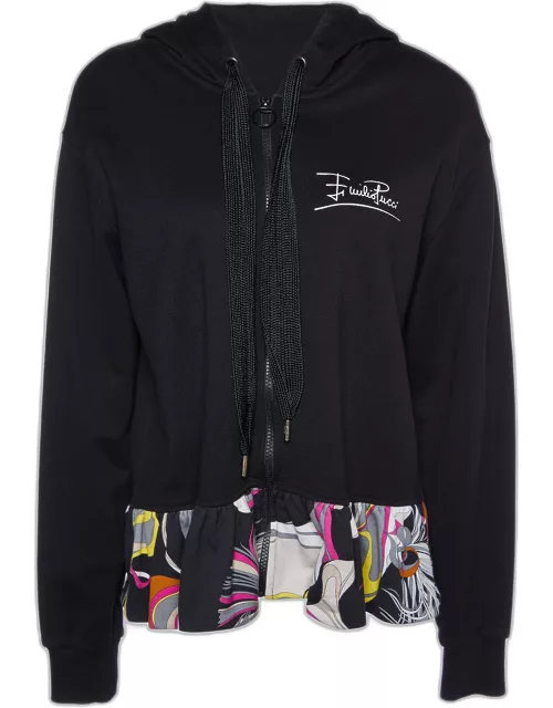 Emilio Pucci Black Cotton Knit Printed Hem Zip Front Hooded Jacket
