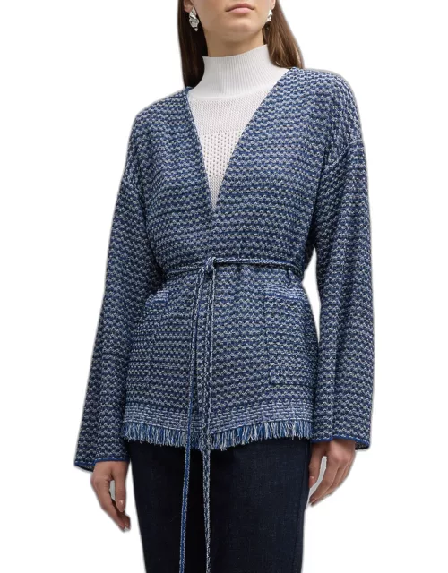 Tie-Waist Fringe-Trim Intarsia Knit Tweed Jacket