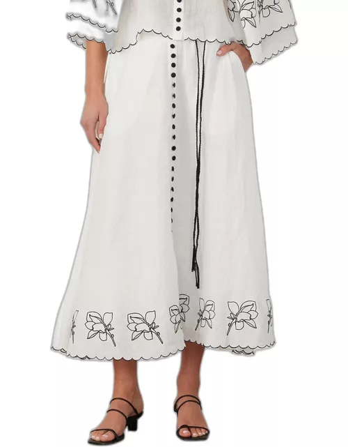 Grace Floral-Embroidered Seersucker Midi Skirt