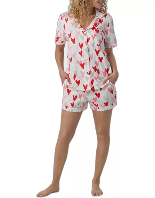 Heart-Print Cotton Jersey Shorty Pajama Set