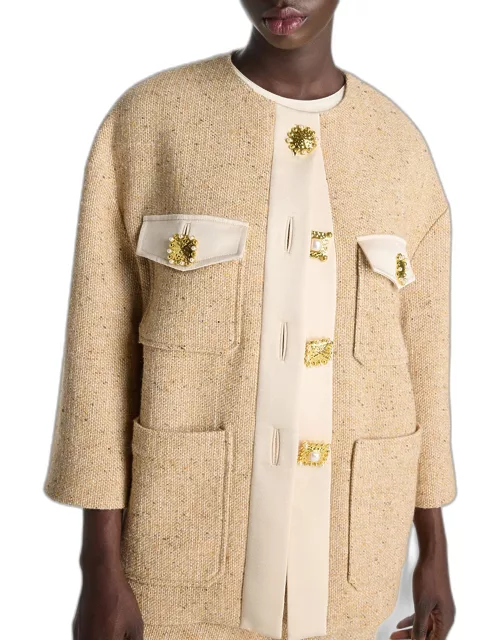 Satin-Trim Novelty-Button Collarless Tweed Jacket