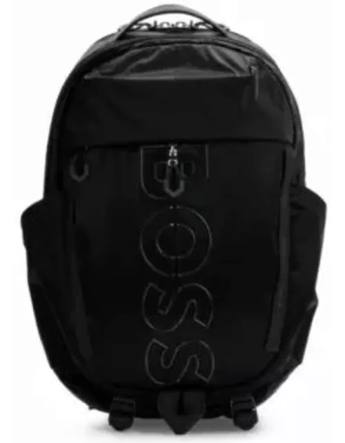 Coated-velour multi-pocket backpack with outline logo- Black Men's Backpack