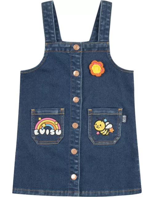 Rainbow and Bee Print Regular Fit Denim Overall Dres