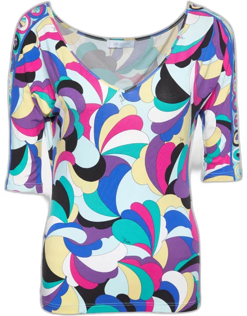 Emilio Pucci Multicolor Printed Knit V-Neck T-Shirt