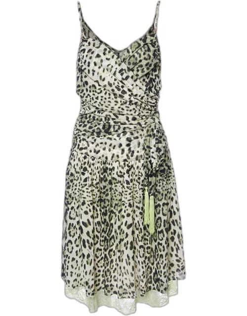 Class by Roberto Cavalli Green Animal Printed Jersey Knit Ruched Mini Dress