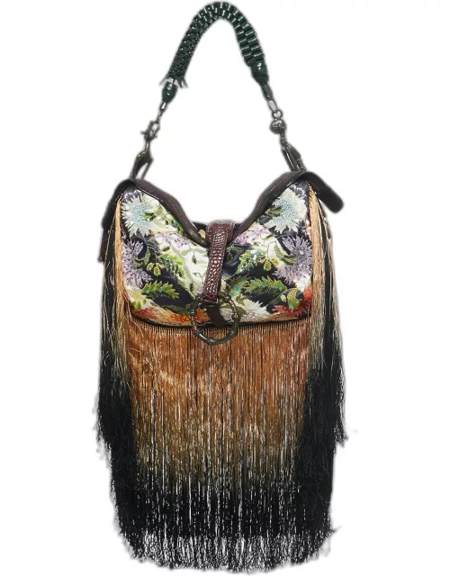 Gianfranco Ferre Multicolor Zebra/Floral Calfhair Satin and Crocodile Embellished Fringe Bag
